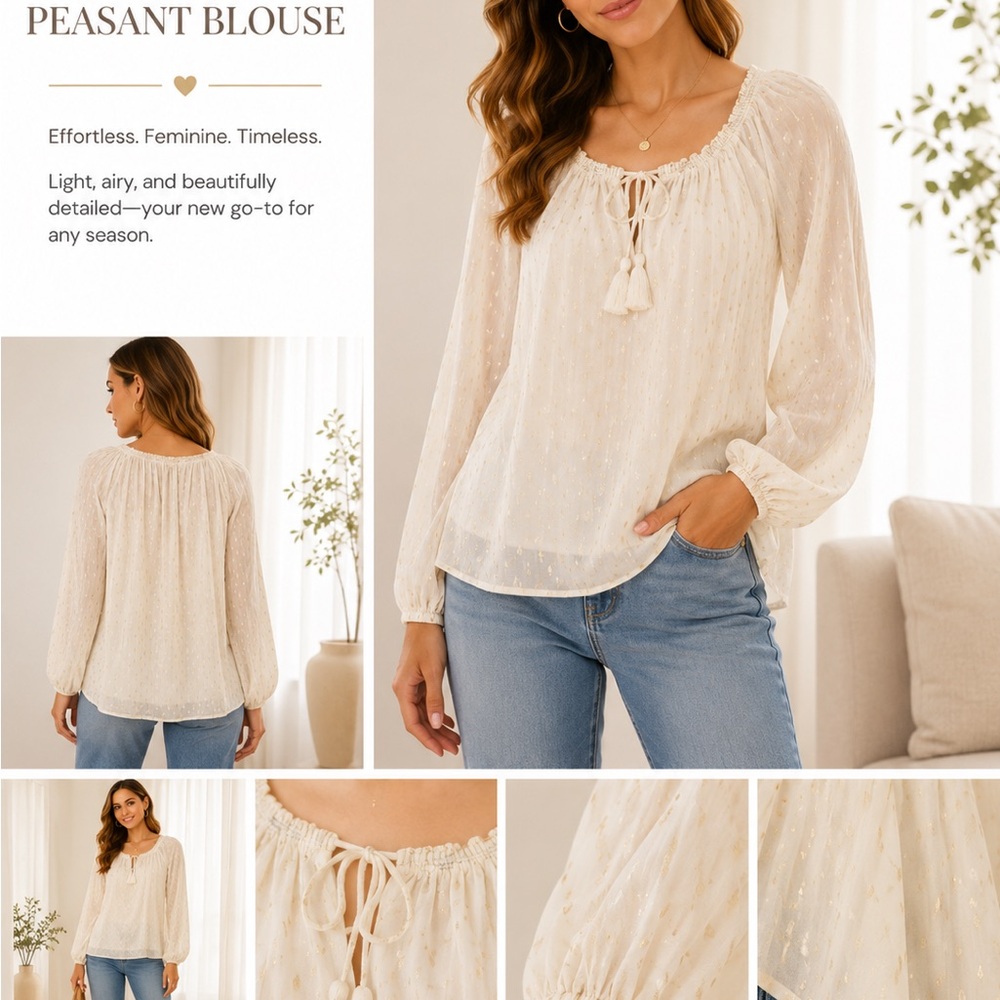 Lucky Brand Cream Peasant Blouse with Tassel Tie